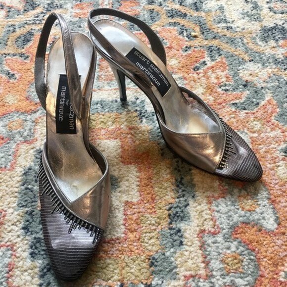STUART WEITZMAN Vintage Silver Leather Crystals Mesh Slingback Pumps Heels 7N - Picture 2 of 16
